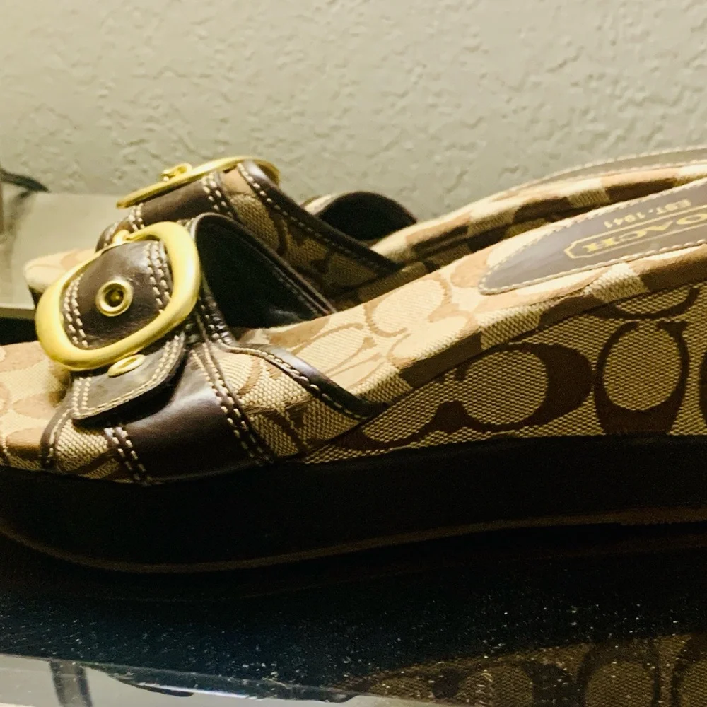 Coach Tan & Brown Signature Canvas Wedge Mules with Gold Buckle - Picture 4 of 7
